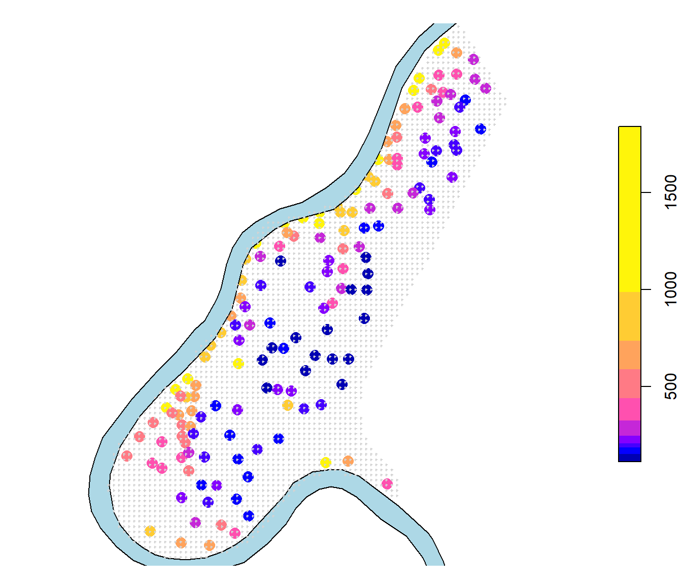 Concentración de zinc (ppm) en el entorno del río Meuse (datos `sp::meuse`).