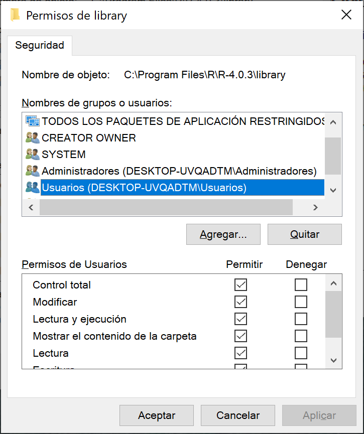 Pasos en Windows para cambiar permisos en la carpeta library.