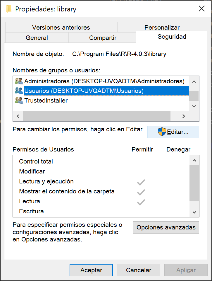 Pasos en Windows para cambiar permisos en la carpeta library.